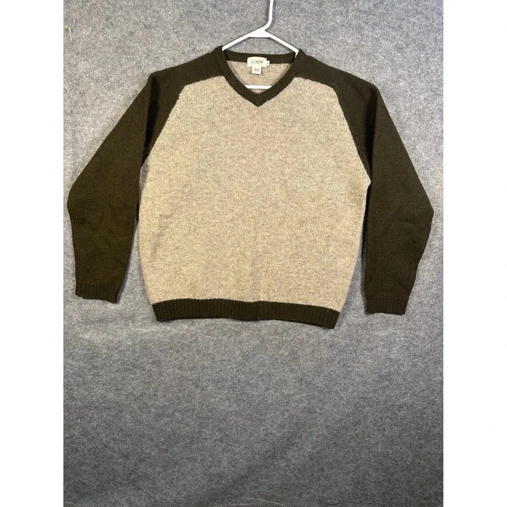 J.Crew Mens 100% Wool V-Neck‎ Sweater XL Colorblock Green Tan Raglan Sleeve